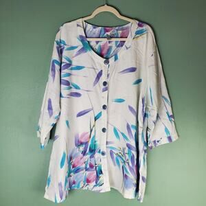 Winter Sun Women's White Button Up Front Linen Floral Top Size F